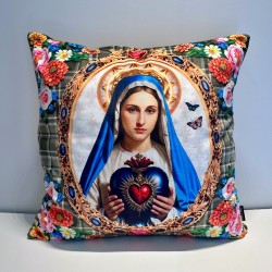 Coussin Sainte Vierge tenant dans ses mins un cœur sacré