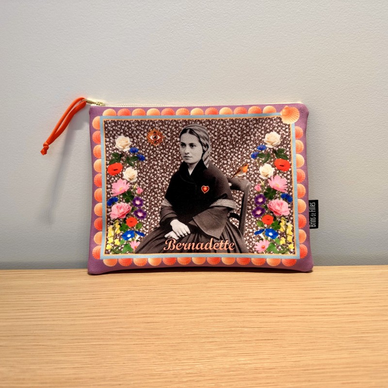 Pochette en velours artisanale Bernadette Soubirous de Lourdes (violet)